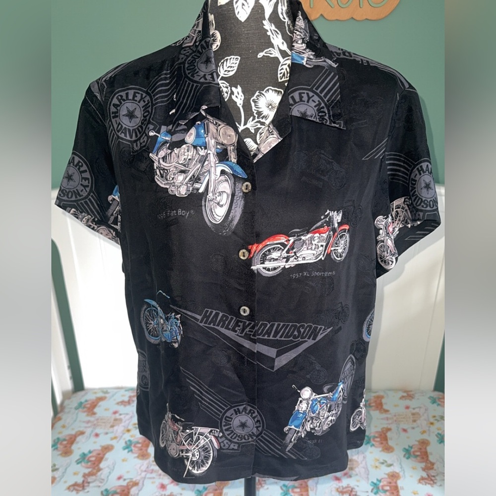 Women’s Harley-Davidson Black and Blue Motorcycle 100% Silk Print Shirt